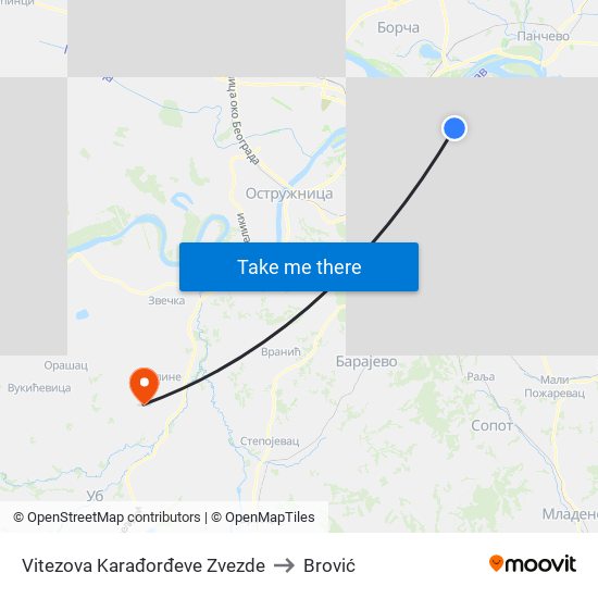 Vitezova Karađorđeve Zvezde to Brović map