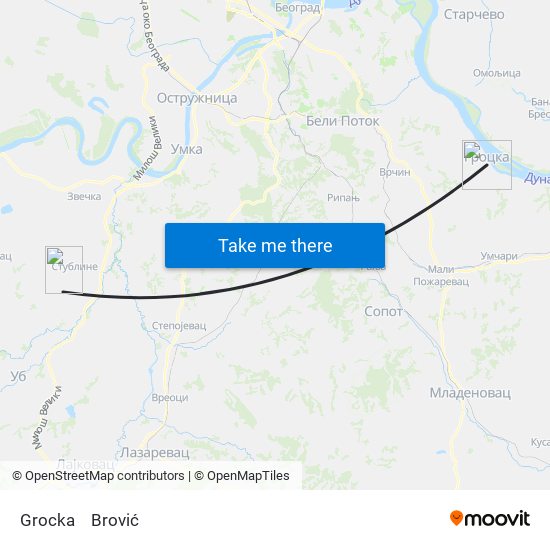 Grocka to Brović map