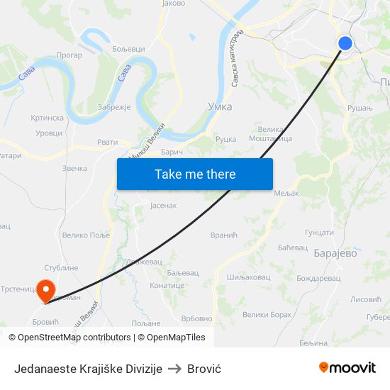 Jedanaeste Krajiške Divizije to Brović map