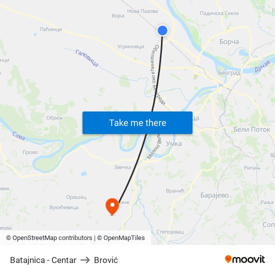 Batajnica - Centar to Brović map
