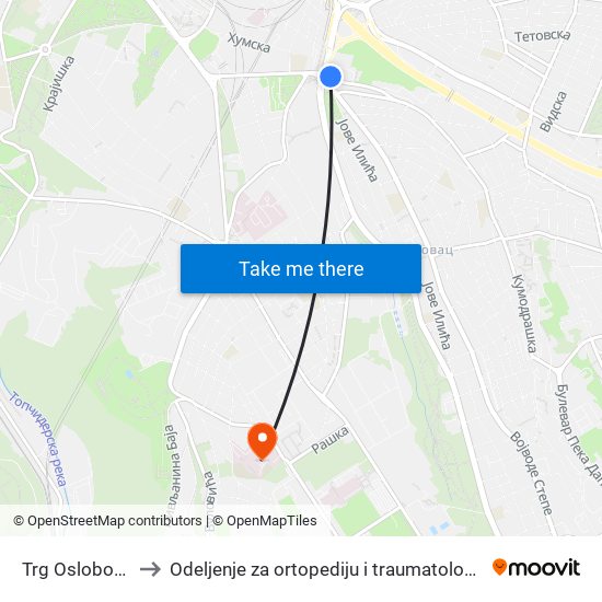 Trg Oslobođenja to Odeljenje za ortopediju i traumatologiju odraslih map