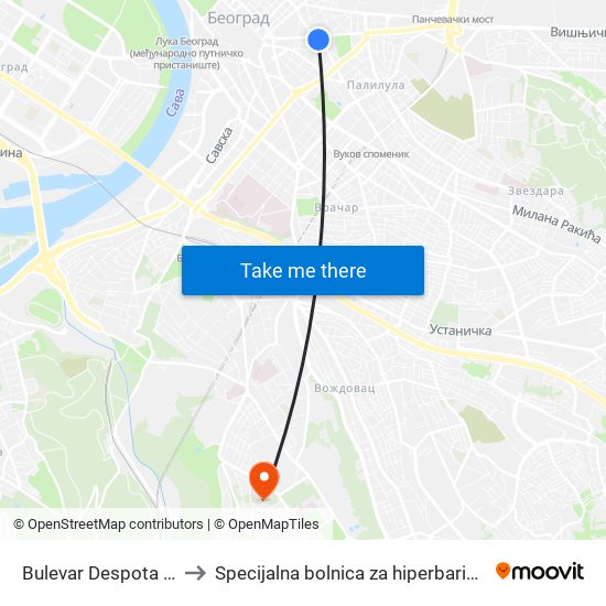 Bulevar Despota Stefana to Specijalna bolnica za hiperbaričnu medicinu map