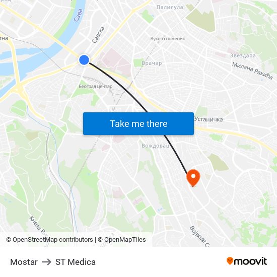 Mostar to ST Medica map