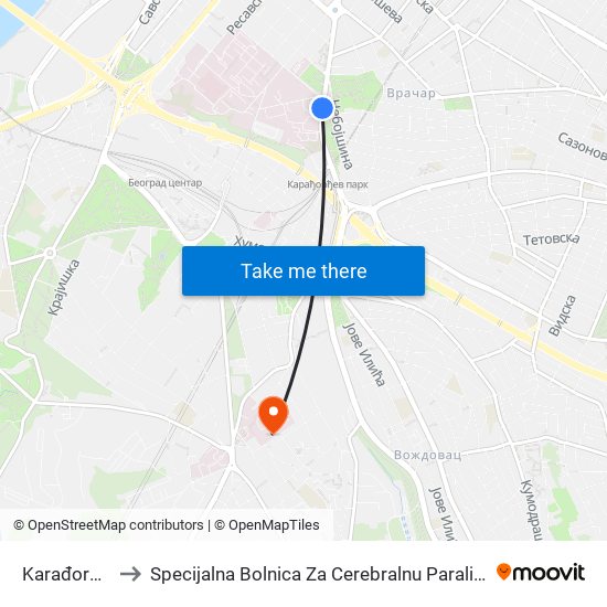 Karađorđev Park to Specijalna Bolnica Za Cerebralnu Paralizu I Razvojnu Neurologiju map