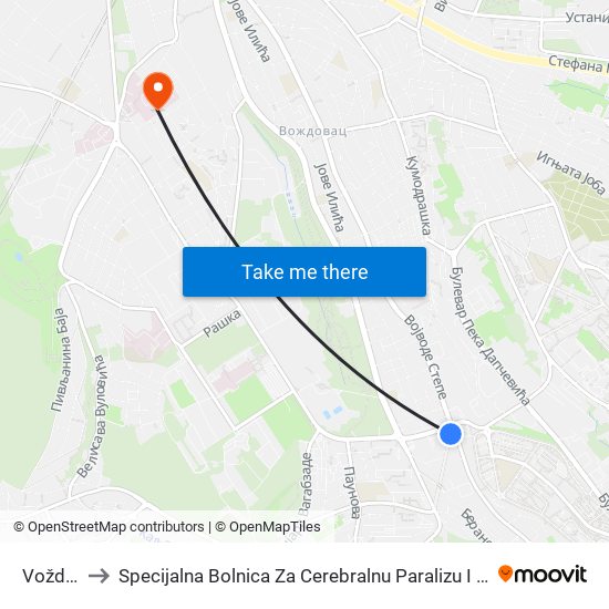 Voždovac to Specijalna Bolnica Za Cerebralnu Paralizu I Razvojnu Neurologiju map