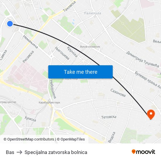 Bas to Specijalna zatvorska bolnica map