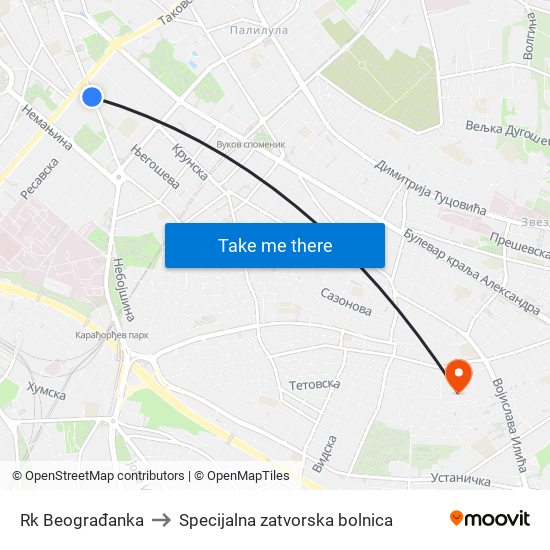 Rk Beograđanka to Specijalna zatvorska bolnica map