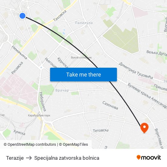 Terazije to Specijalna zatvorska bolnica map