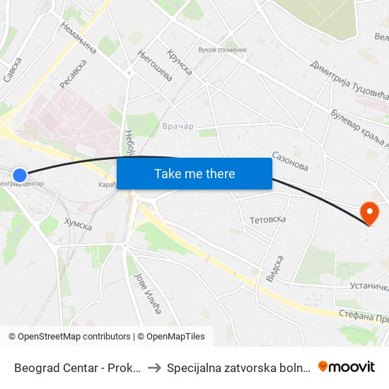 Beograd Centar - Prokop to Specijalna zatvorska bolnica map