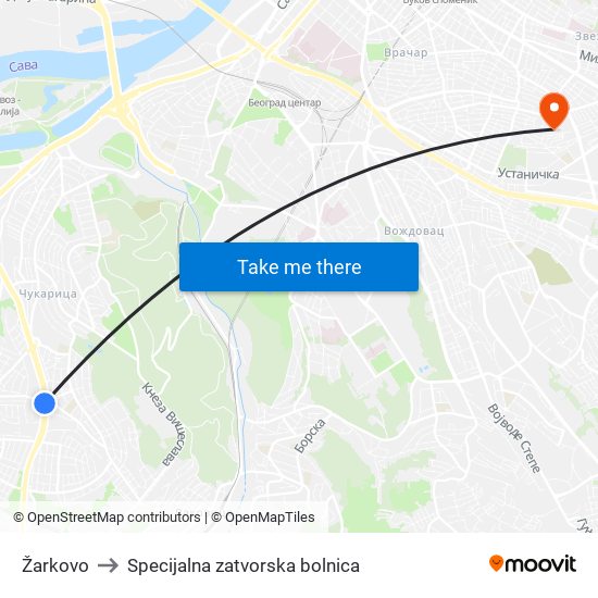 Žarkovo to Specijalna zatvorska bolnica map