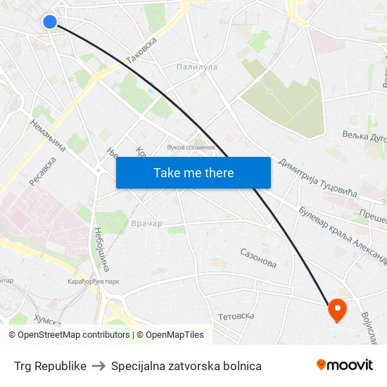Trg Republike to Specijalna zatvorska bolnica map