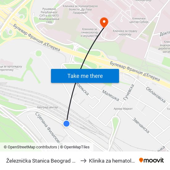 Železnička Stanica Beograd Centar to Klinika za hematologiju map