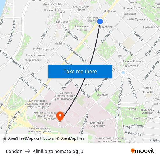 London to Klinika za hematologiju map