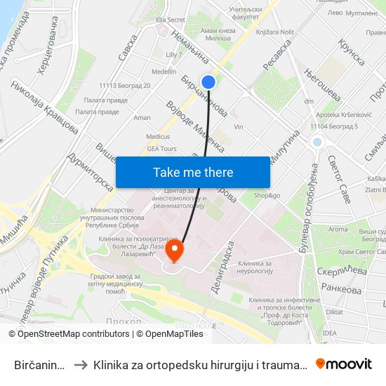 Birčaninova to Klinika za ortopedsku hirurgiju i traumatologiju map