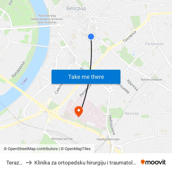 Terazije to Klinika za ortopedsku hirurgiju i traumatologiju map