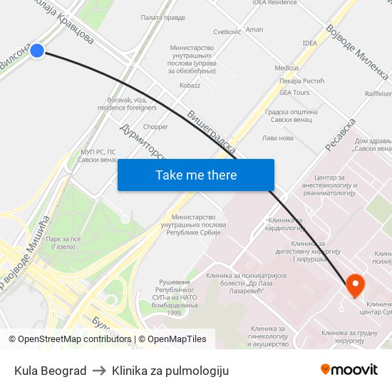 Kula Beograd to Klinika za pulmologiju map
