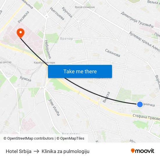 Hotel Srbija to Klinika za pulmologiju map