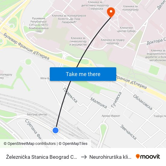Železnička Stanica Beograd Centar to Neurohirurška klinika map