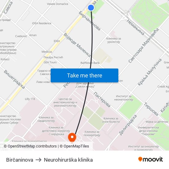 Birčaninova to Neurohirurška klinika map