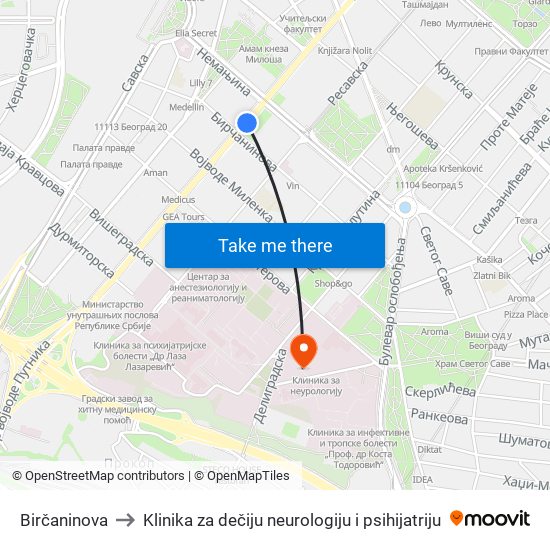 Birčaninova to Klinika za dečiju neurologiju i psihijatriju map