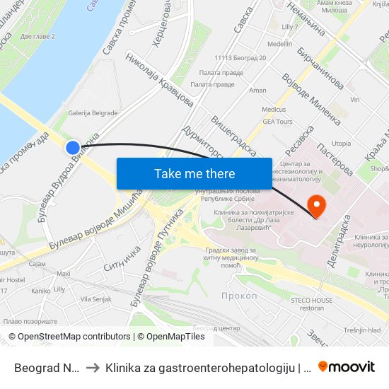 Beograd Na Vodi to Klinika za gastroenterohepatologiju | Interna A klinika map