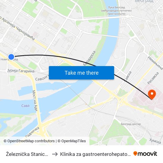 Železnička Stanica Novi Beograd to Klinika za gastroenterohepatologiju | Interna A klinika map