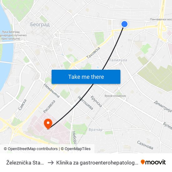 Železnička Stanica Dunav to Klinika za gastroenterohepatologiju | Interna A klinika map