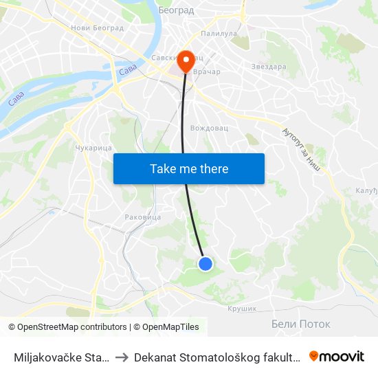 Miljakovačke Staze to Dekanat Stomatološkog fakulteta map