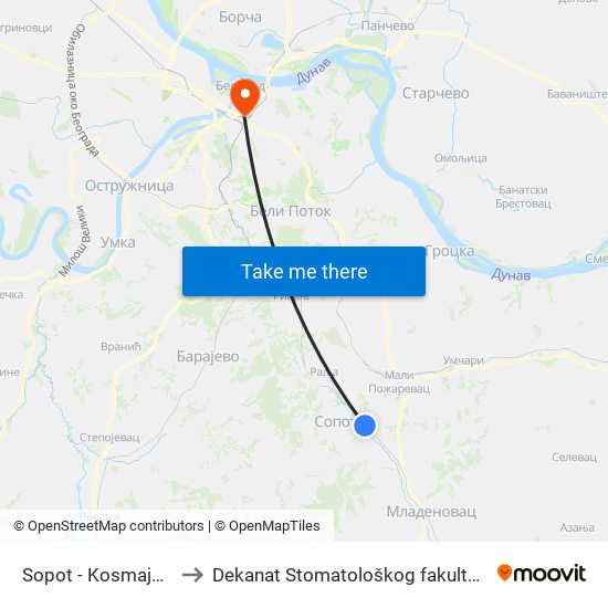 Sopot - Kosmajski to Dekanat Stomatološkog fakulteta map