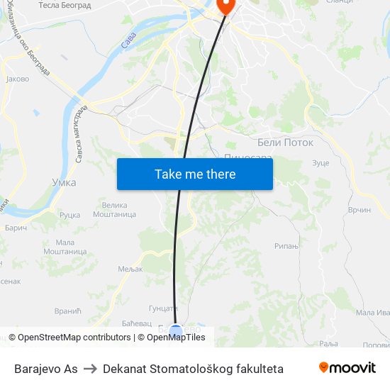 Barajevo As to Dekanat Stomatološkog fakulteta map