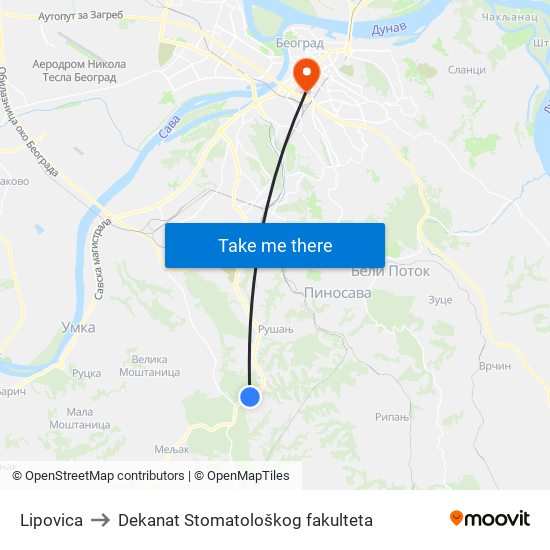 Lipovica to Dekanat Stomatološkog fakulteta map