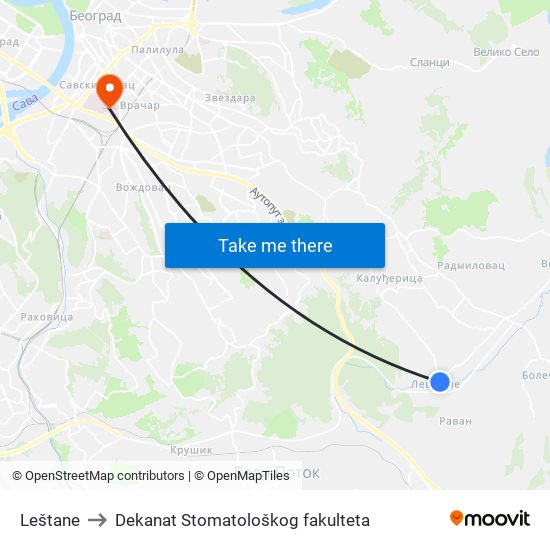 Leštane to Dekanat Stomatološkog fakulteta map