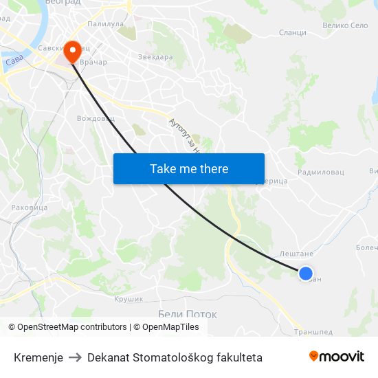 Kremenje to Dekanat Stomatološkog fakulteta map