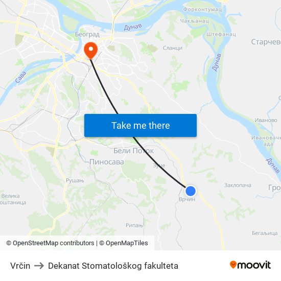 Vrčin to Dekanat Stomatološkog fakulteta map