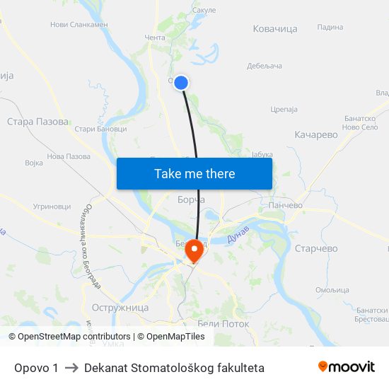 Opovo 1 to Dekanat Stomatološkog fakulteta map