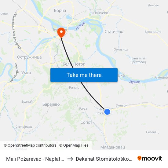 Mali Požarevac - Naplatna Rampa to Dekanat Stomatološkog fakulteta map