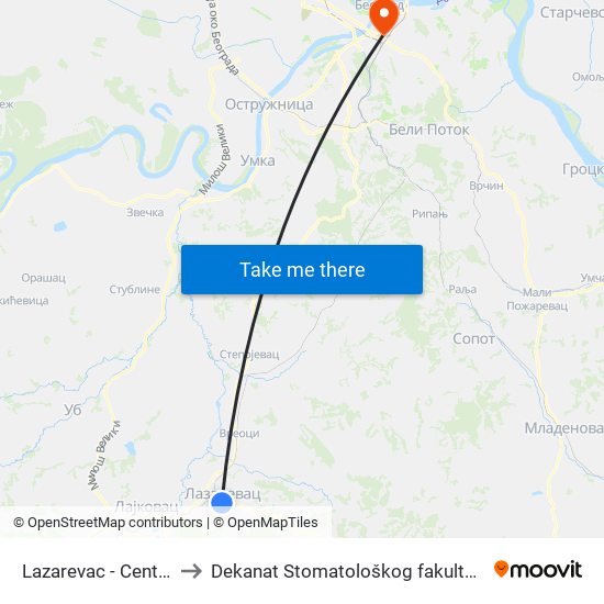 Lazarevac - Centar to Dekanat Stomatološkog fakulteta map