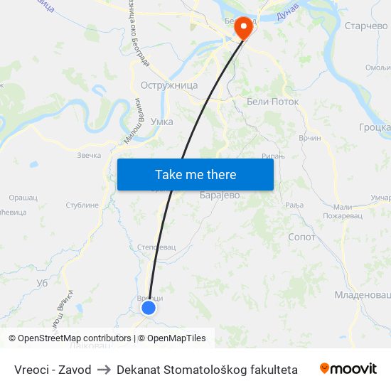 Vreoci - Zavod to Dekanat Stomatološkog fakulteta map