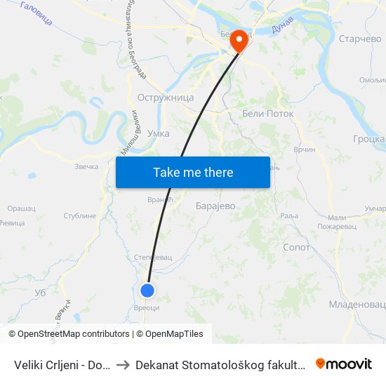 Veliki Crljeni - Dom to Dekanat Stomatološkog fakulteta map