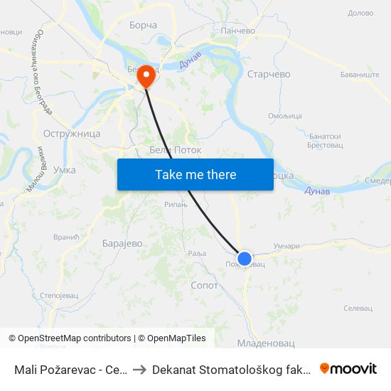 Mali Požarevac - Centar to Dekanat Stomatološkog fakulteta map