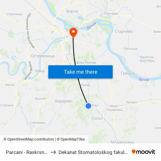 Parcani - Raskrsnica to Dekanat Stomatološkog fakulteta map