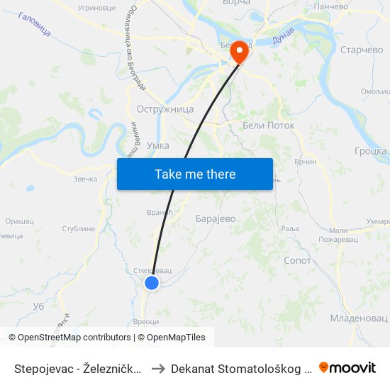 Stepojevac - Železnička Stanica to Dekanat Stomatološkog fakulteta map