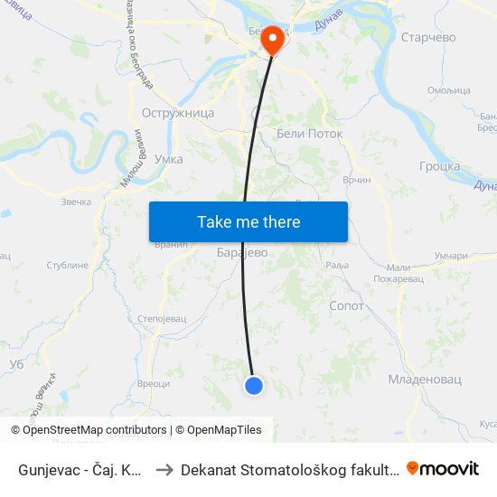 Gunjevac - Čaj. Kuća to Dekanat Stomatološkog fakulteta map