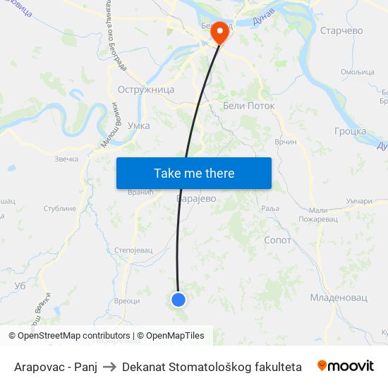 Arapovac - Panj to Dekanat Stomatološkog fakulteta map