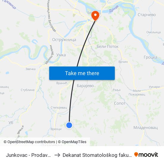 Junkovac - Prodavnica to Dekanat Stomatološkog fakulteta map
