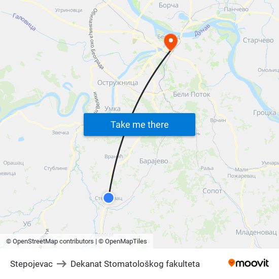 Stepojevac to Dekanat Stomatološkog fakulteta map