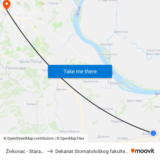 Živkovac - Stara O to Dekanat Stomatološkog fakulteta map