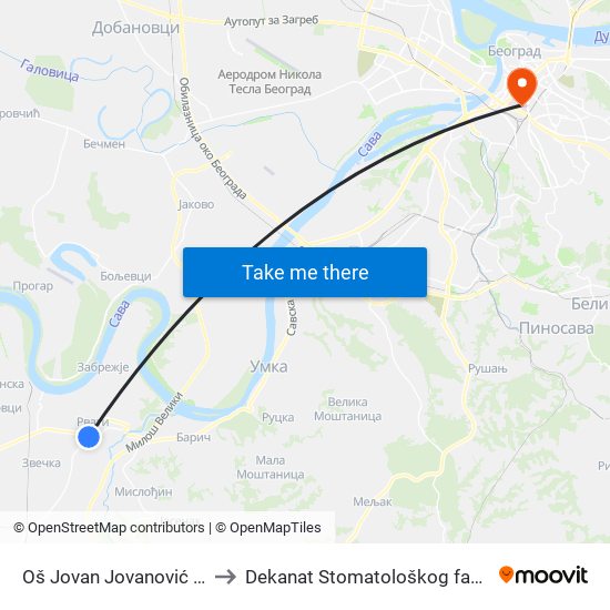 Oš Jovan Jovanović Zmaj to Dekanat Stomatološkog fakulteta map