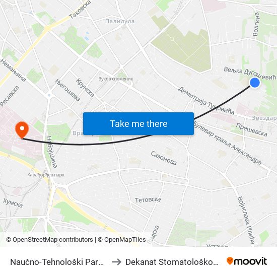 Naučno-Tehnološki Park Zvezdara to Dekanat Stomatološkog fakulteta map