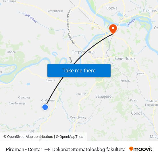 Piroman - Centar to Dekanat Stomatološkog fakulteta map